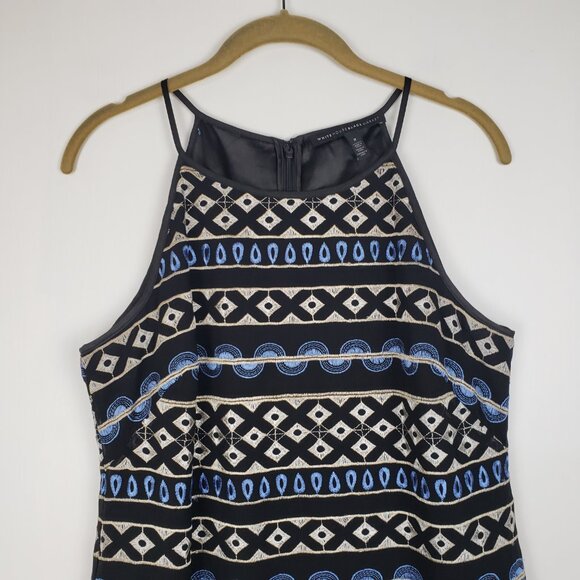 White House Black Market Embroidered Dress Blue Black Stripe Halter Sheath 8 - Picture 3 of 9
